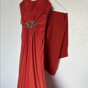 Mignon Red Prom Dress Orange color size 2 with stones and a scarf cape